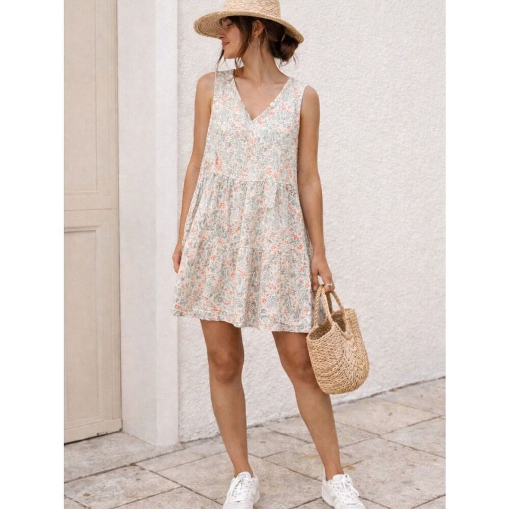 Joie 100% Linen Floral Tiered Mini Dress Sleeveless Cottagecore XL